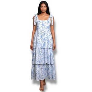 Tiered Blue Floral Tie-Shoulder Maxi Dress Size Medium The Petite Rose Boutique